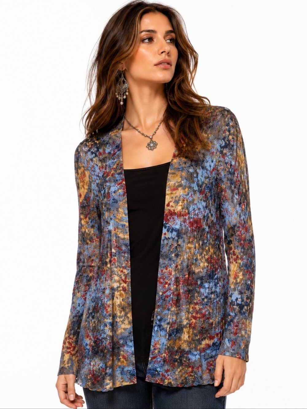 Silk Blend Watercolor Print  Open Front Cardigan Pointelle Knit Medium